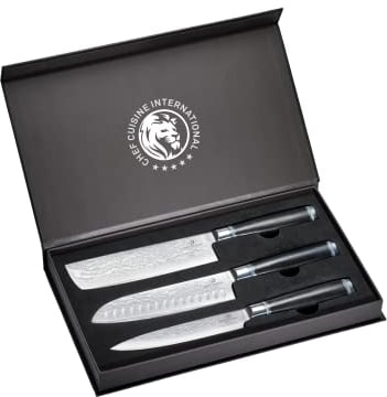 Chef Cuisine Damast Messer-Set 3-tlg., Chef Messer, Santoku Messer, Allzweckmesser