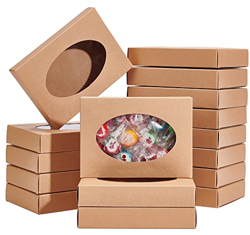 BENECREAT 20 Packungen 14x10x2.5 cm Ovale Geschenkboxen Aus Durchsichtigem PVC Fenster, Rechteckige Braune Kraft-Geschenkverpackungen für Party- Und Hochzeitsgeschenk