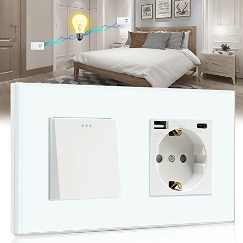 BSEED Lichtschalter mit Steckdose 1 Fach 2 Wege,Wandschalter mit 16A Schuko Steckdose mit USB Anschluss (Max. 2.1A) Typ C Port Weiß,Physische Unterputz Wechselschalter mit Steckdose- 157mm