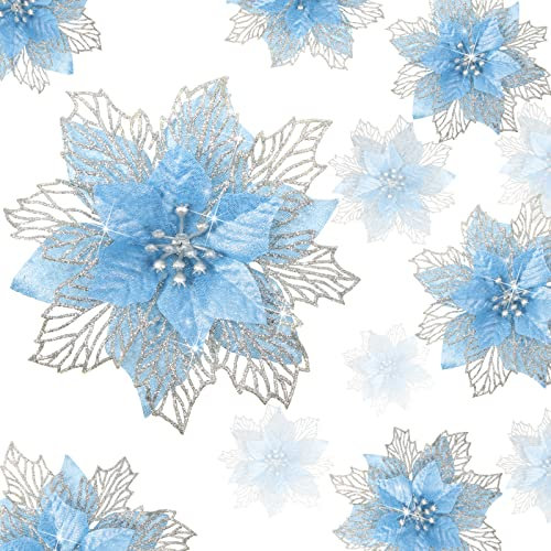 Geosar 36 Piezas de Flores de Pascua de Navidad para decoración de árbol de Navidad Artificial con Purpurina sintética, Adornos de Navidad para Año Nuevo para Recuerdos de Fiesta (Azul)