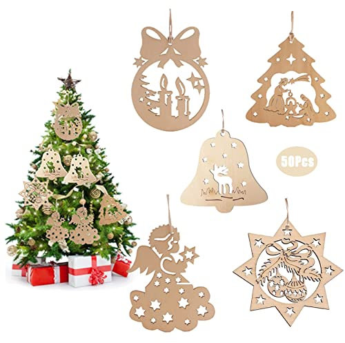 50Pcs Ornamenti Natalizi in Legno,Legno Pendenti Natalizi Decorazioni Ciondoli In Legno Per Albero Di Natale con Corda di Canapa Spago per Appendere Finestra a Muro Decorazione Albero di Natale