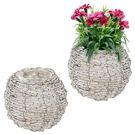 Relaxdays Blumentopf, 2er Set, Rattan, Pflanzentöpfe mit Folie, HxD: 17 x 20 cm, runde Pflanzkörbe für innen, weiß/Natur