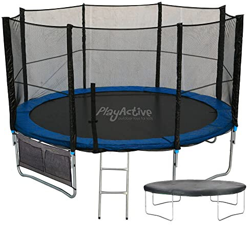 PlayActive 6ft / 8ft / 10ft / 12ft / 14ft / 16ft Kids Trampoline with Safety Enclosure Net, Ladder, Weatherproof Cover, Shoe Bag Included (Blue, 12ft)
