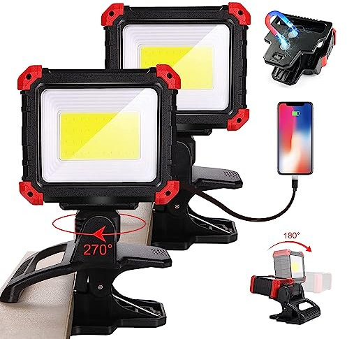 Yls 2pack LED Work Light, 2100LM Rechargeable COB Magnetic Clip on Work Light with 3 Light Modes, 270°& 180°Rotatable Portable Clamp Worklight for Car Repairs, Grilling, Camping, Emergency Use