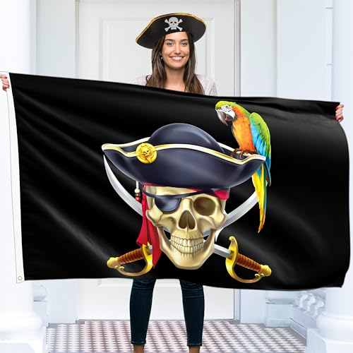 Bandera pirata – Bandera Jolly Roger – Bandera divertida – Poliéster 110Den – Doble costura – 2 ojales de latón, grande 5 pies x 3 pies