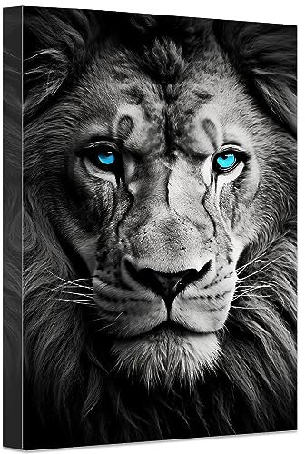 LZIMU Löwen bild auf Leinwand afrikanische Wildtiere Kopf blaue Augen Porträt Leinwand Schwarz Weiß Kunstwerk Wanddekoration Gerahmt (3, 40.00x60.00cms)