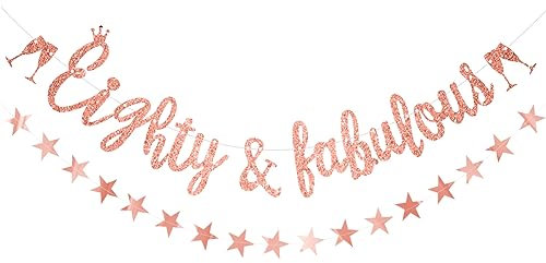 Women 80th Birthday Banner Rose Gold Glitter Eighty & Fabulous Banner by Wonsta