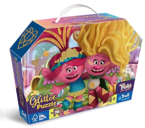 Trefl Junior – Trolls Band Together, Glitter Trolle – Glitter Puzzle Glitter 70 Teile, Bequemer Koffer mit Griff, Glitter Puzzle für kleine Modefans, Spaß für Kinder ab 4 Jahren