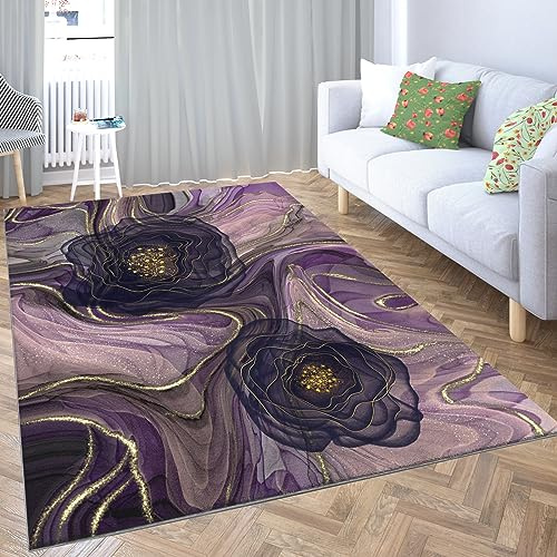 WHUOEUCO Teppiche Lila abstrakte Blume 120 x 180 cm Flausching Wohnzimmer Teppiche Shaggy Teppiche Schlafzimmer Teppich Waschbarer Weicher Teppich Bequem für Wohnkultur