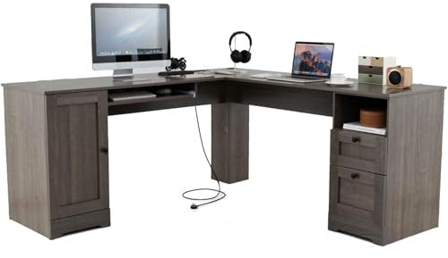 SFAREST L Shaped Computer Desk, 168cm Corner Gaming Table with 2 Drawers, Keyboard Tray, Side Cabinet, Type-C & USB Ports, Wooden PC Study Writing Workstation for Home Office (Grey)