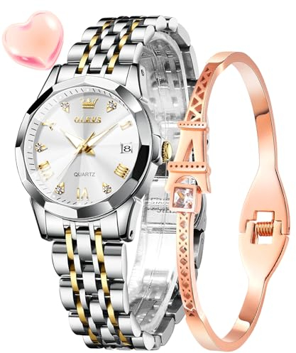 OLEVS Damenuhr Gold Silber Diamant Analog Quarz Uhren Damen Edelstahl Wasserdicht Leuchtend Modisch Elegantes Kleid Armbanduhr Armreif Geschenk Set