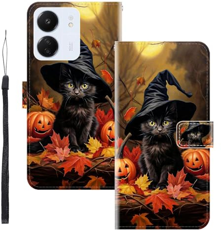 WUACYEAMING für Xiaomi Poco C65 Hülle Premium PU Leder Flip Klappbare Stoßfeste Magnetische Schutzhülle Tasche mit Kartenfach Geld Slot Ständer Kürbis Katze