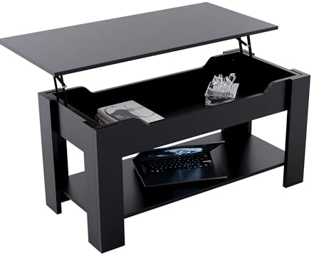 Vida Designs Lift Up Coffee Table With Large Hidden Storage Compartment and Shelf, H 48-60 x L100 x W48 cm (Black)