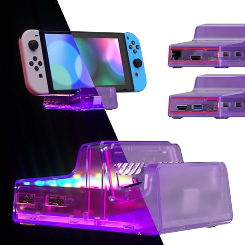 eXtremeRate AiryDocky LED Version DIY-Ersatz Hülle Case für Nintendo Switch/OLED Dock Ladestation, Re-Design 7 Farbe 50 Effekte Dimmbar RGB LED Shell Kit für Switch Docking Station(Clear Lila)