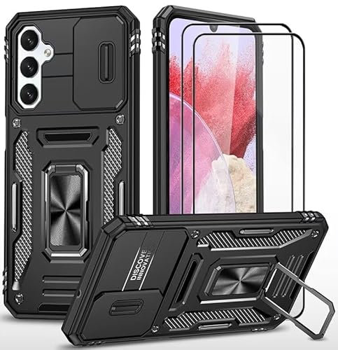 CLYDITE Coque pour Samsung Galaxy A05S étui avec 2 Verre Trempé Support magnétique Armure Robuste Antichoc Silicone avec Couvercle de caméra Coulissant Bumper-Noir
