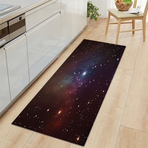 Küchenläufer Lila Küchenmatte 60x150 cm, Nachthimmel Sterne Galaxie rutschfest Waschbar Küchenteppich Teppich Läufer Küche, Anti-Müdigkeit Teppichläufer, Staubdicht Fußmatte