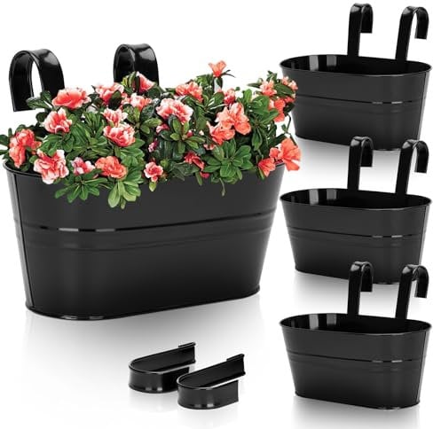 KINGLAKE 4 vasi per piante da appendere in metallo, 27 cm, colore nero, da appendere, per balconi, ringhiere, esterni, giardino, decorazione per la casa, con ganci staccabili