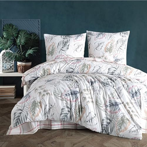 Bettwäsche-Set 240x220 cm, Weiß aus Baumwolle Renforcé – 3-teilige Bettgarnitur in Grün-Grau, Rosa und Beige mit Blätter- und Pflanzenmotiven, inkl. Bettbezug und Kissenbezug (80x80 cm), Nessa