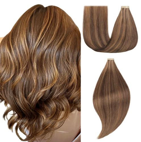 EINbeauty Tape Extensions Echthaar 20pcs Extensions Echthaar 60cm 50g Dunkelbraun mit Hellraun Tape In Extensions Echthaar Invisible Echthaar Extensions Tape Glatt Haarverlängerung(24inch,P2/10#)