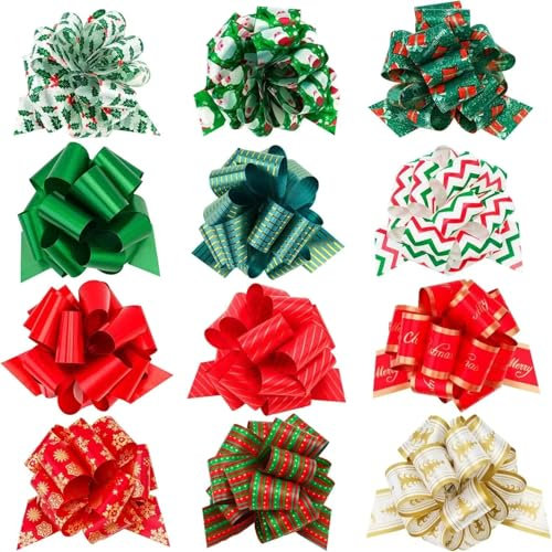G2PLUS 24 Stück Weihnachten Geschenkschleife, Große Weihnachtsschleifen mit Geschenkband, Geschenk Ziehschleifen für Weihnachtsbaum, Geschenkverpackung, Weihnachtsdeko