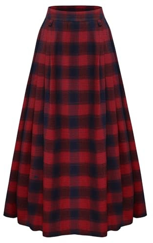 Vintage Rock Damen Elastische Taille A-Linie Langer Halloween Plaid Rock Rot Blau S