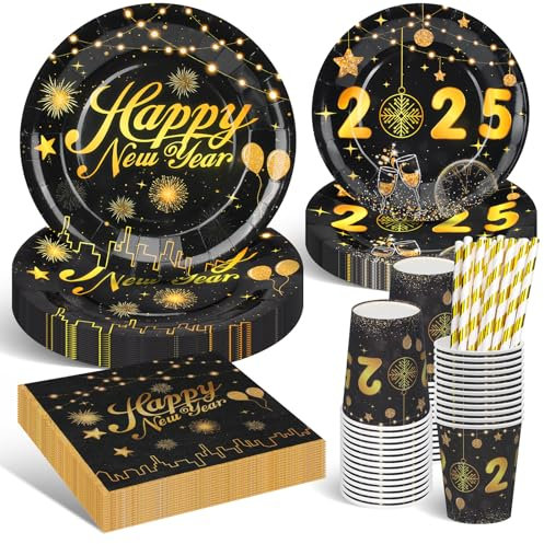 Decorazioni per feste di Capodanno 2025 oro nero felice anno nuovo stoviglie piatti di Capodanno tazze