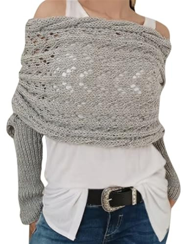 Icegrey Schal Mit ärmeln für Damen, Gestrickter Zopfmusterschal, Winter Pullover Schal, Sweater Scarf with Sleeves, Strickschal, Hellgrau