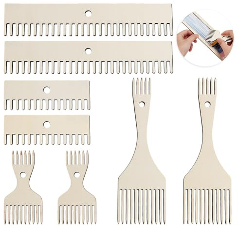 AHANDMAKER 8 Stück Holz Webstuhlkamm 4 Stil Gobelin Klopfkamm Doppelseitiger Holz Webkamm Fransenkamm DIY Geflochtene Werkzeuge Zum Stricken von Handarbeitsteppichen