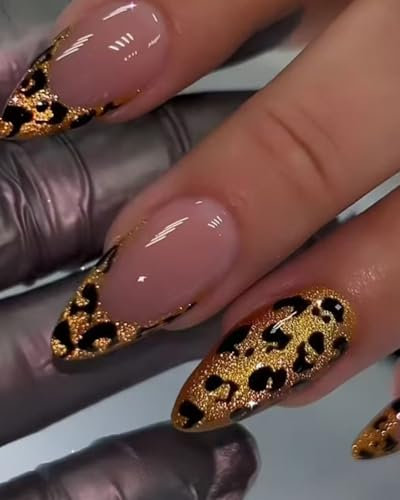 OXDOHUE 24 pezzi di unghie finte con stampa leopardata dorata in stile selvaggio gratuito con colla, unghie finte in stile selvaggio adatte per date, compleanni
