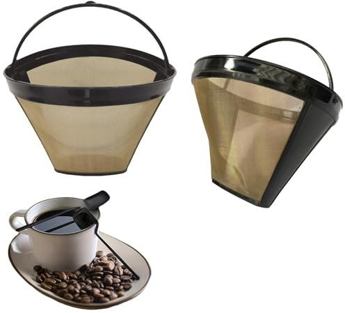 CLKE 2Pcs Reusable Coffee Filter, Universal Permanent Coffee Filters, Stainless Steel Washable Coffee Mesh Basket Cup with Handle, Gold Mesh Filter, for Kitchen Home Coffee Maker