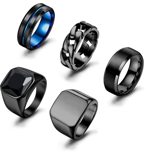 Krfy 5Stück Ringe für Herren Set Edelstahl Band Biker Ringe Gothic Ring Herren Vintage Wikinger Schwarz Ring Set für Männer 11