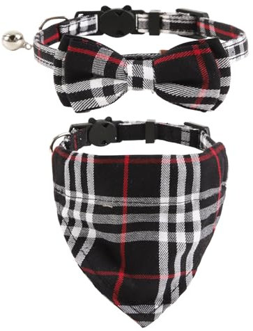 UYRVAPE 2pcs Katzenhalsbänder mit Glocken Abnehmbare Fliege Bandana, Kätzchen Halsband Katze Bandana Hundefliege, Katzenhalsband mit Glöckchen, Kariertes Katzen halsbänder mit Schleife, Schwarz