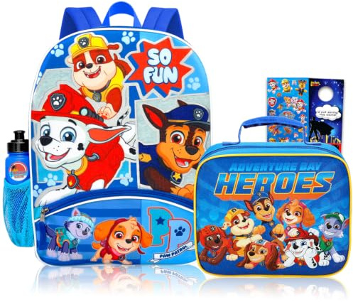 Paw Patrol Rucksack und Lunchtasche-Set – Paket mit 40,6 cm Rucksack, Lunchbox, Aufkleber, Wasserflasche und mehr, Paw Patrol Schultasche für Jungen, Mädchen, Kinder