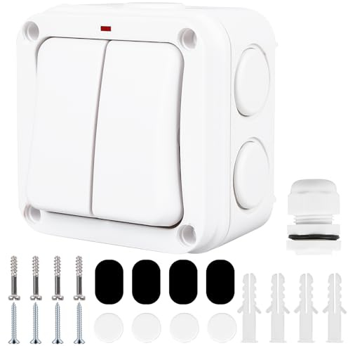 WIYETY Double interrupteur universel 16 A : interrupteur résistant aux intempéries, interrupteur étanche IP66 avec poussière, double interrupteur et voyant lumineux, interrupteur extérieur, pour