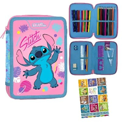 PASO - Federmäppchen 2 Fächer - Mäppchen für Mädchen - Federmappe 2-Fach Federtasche Gefüllte Schüleretui Schulmäppchen und Hausaufgabenheft - Stitch