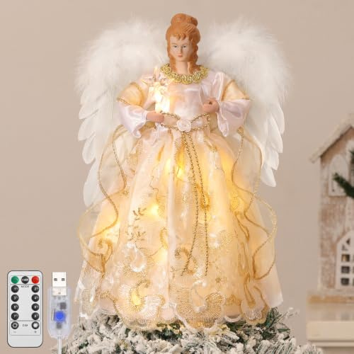 Lewondr Weihnachtsbaumspitze Engel, 12'' Beleuchtet Christbaumspitze Engel mit Flügeln & Sternenlicht, 6 Std. Timer & 8 Modi USB & Fernbedienung Weihnachtsdeko für Weihnachten Innen Feiertag, Hellgelb