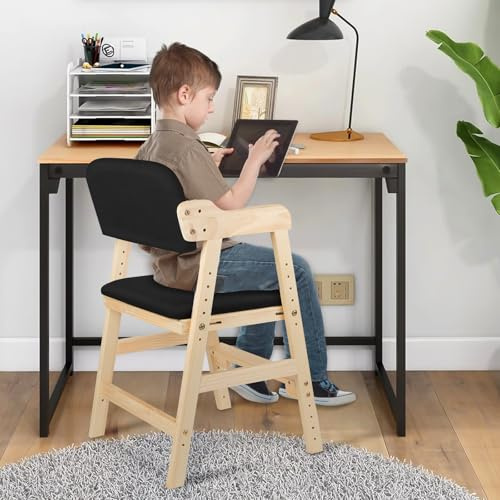 Hochstuhl, höhenverstellbarer Holzhochstuhl für kinder, mitwachsender Buchenholz Babystuhl, Stuhl wächst mit dem Baby, zum Essen und Lernen,Schwarz
