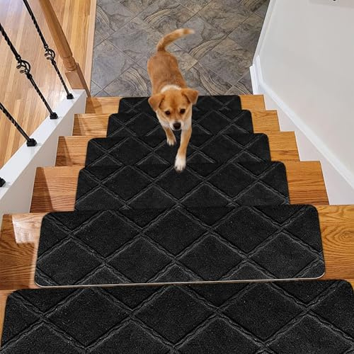 MeYuxg Treppenstufen Matten, Stufenmatten Selbstklebend 15 Stück, rutschfest Treppenstufenmatten Zuschneidbar Wiederverwendbar 55x19CM, für Schützen Sie Haustiere, Senioren Kinder (Schwarz)