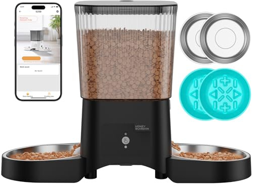 HoneyGuaridan Automatic Cat Feeder for 2 Cats,3.5L Dual Cat Food Dispenser, 2.4G/5G WiFi APP Control for Multiple Cats,2 Stainless Steel Bowls & 2 Slow Feeder Anti-Choking Bowls, Dual Power