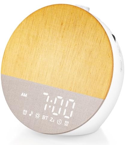 Uwithm Tageslichtwecker Sonnenaufgang, Digital Wake Up Light, Lichtwecker Doppel Wecker, Bluetooth Lautsprecher, White Noise Machine mit 30 Beruhigende Klänge, 20 Helligkeit,18 Dimmbare Nachtlicht