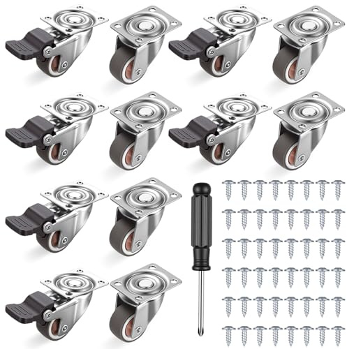 12 Stück Möbelroller, Möbelrollen Kleine, 25 mm Schwerlastrollen Klein, Lenkrollen mit Bremse, Rollen für Möbel, Gummirollen mit 48 Schrauben, 1 Schraubendreher (6 mit Bremse, 6 ohne)