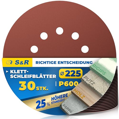 S&R Schleifpapier 225mm Klett P600, 10-Loch, Schleifgiraffe 225mm | Schleifscheiben, 30-tlg für Exzenterschleifer, Langhalsschleifer (Schleif-Giraffe), Schleifpapier für Wand, Decke, Gipskarton