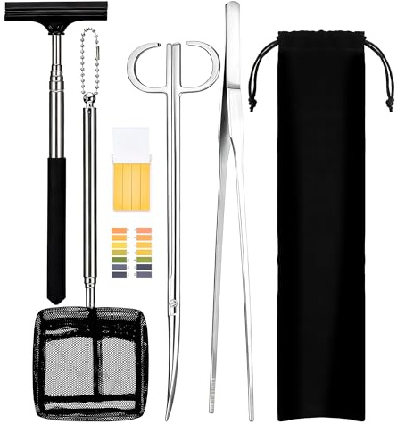 TranRantic Aquascaping Werkzeug Set Aquarium Zubehör | Rostfreie Schere, Pinzette, Zange mit Tasche & Fischnetz, Geeignet für Süß- und Meerwasseraquarien