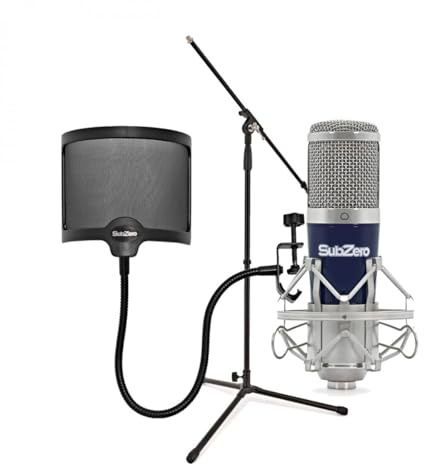 SubZero SZC-500-USB Condenser Microphone Vocal Pack | Easy Plug-and-Play USB Podcast Mic, Large Diaphragm Condenser for Detailed Recordings, Pop Shield and Boom Stand