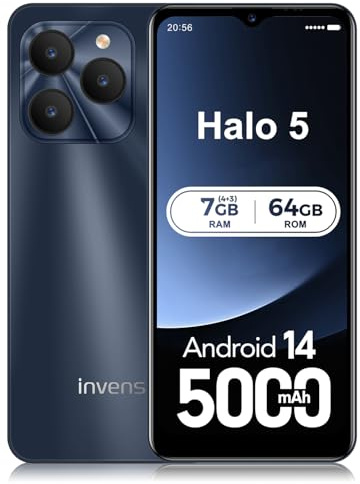 invens Halo 5 Smartphone Ohne Vertrag - 7GB(4+3)+64GB /256GB Android 14 Handys, 6,52 Zoll Bildschirm 5000mAh Handy Günstig, 16MP+8MP Kamera, 4G Dual SIM/Face ID/GPS/3.5mm Jack, Dunkelblau