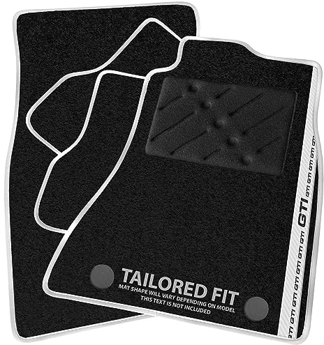 Car Mats FOR Volkswagen Golf MK7 2013-2020 Black Carpet - White Leather - White GTI Stripe on Driver - Black Rectangle Heel Pad [SAPP-1478]