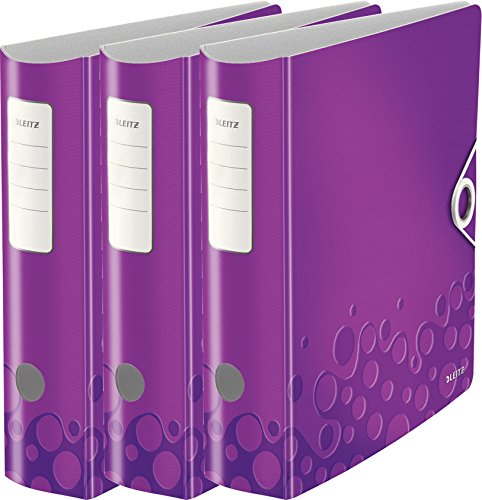 Leitz Qualitäts-Ordner 180° Active WOW, A4, Runder Rücken, 8,2 cm Breite, Kunststoff, Gummibandverschluss (3er Pack, violett metallic)