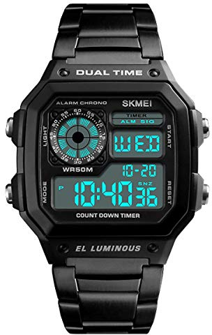 SKMEI DG1335 Smart-Herren-Digitaluhr mit großem Display, Edelstahlarmband, Datum, Alarm, Stoppuhr, Schwarz, Silber, Gold oder Rotgold, Schwarz , Klassisch