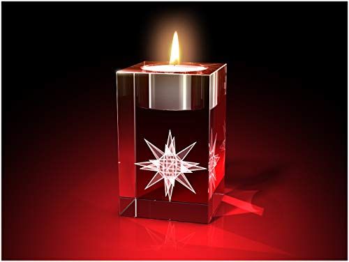 GLASFOTO.COM, Weihnachten Teelichthalter, 50 x 80 x 50 mm, Kristallglas 3D Innengravur in Premiumqualität (50 x 80 x 50 mm Stern Teelicht)