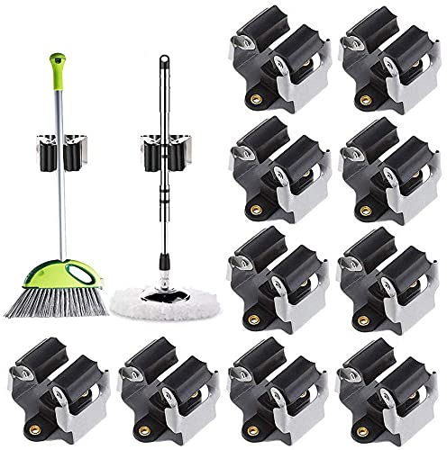 Xhtol Mop Broom Holder, 10 Pack Heavy Duty Mop Holder Wall Mounted Clips Hangers Broom Storage Rack Hooks Tidy Clamp Organizer Tool for Closet Kitchen Garden Garage Bathroom Office, Black